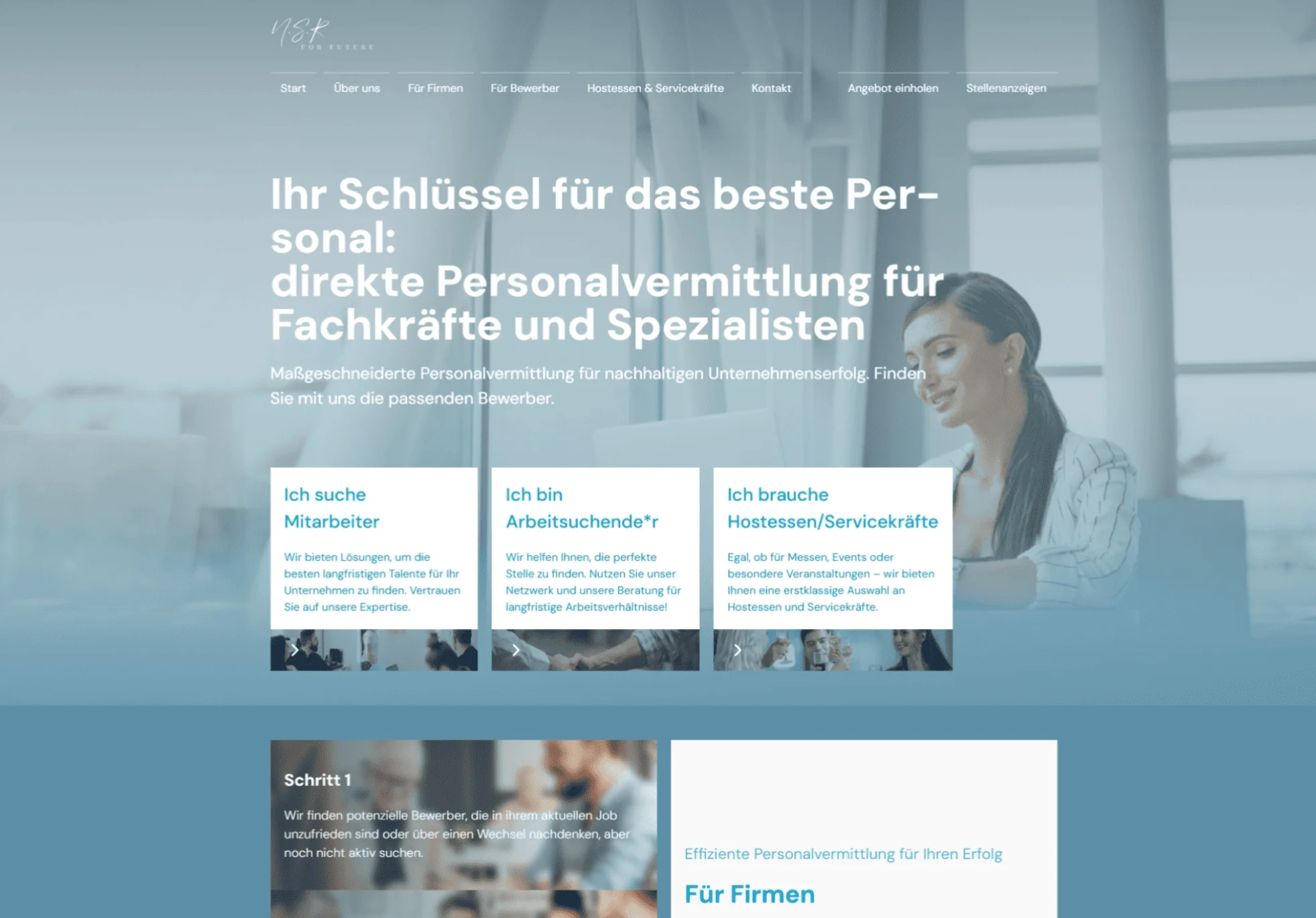 Projekt "NSR for Future Personalvermittlung". UI/UX Design, Webentwicklung, SEO Optimierung.
